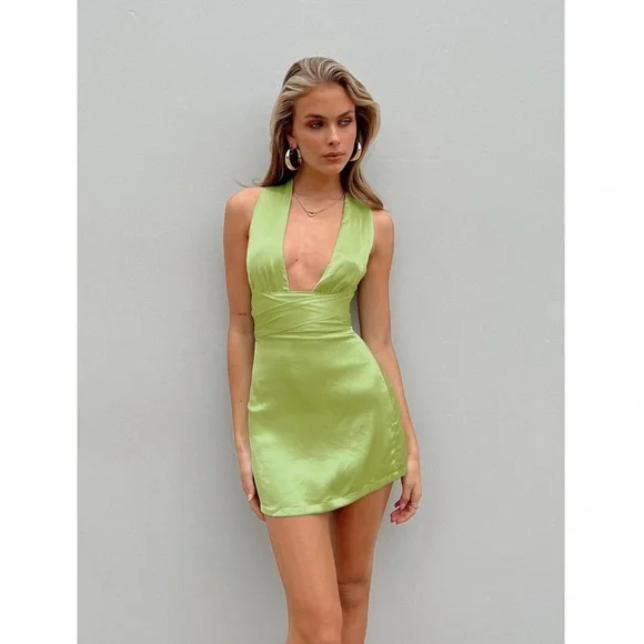 mini satin green dress Green Satin Long Sleeve Mini Dress